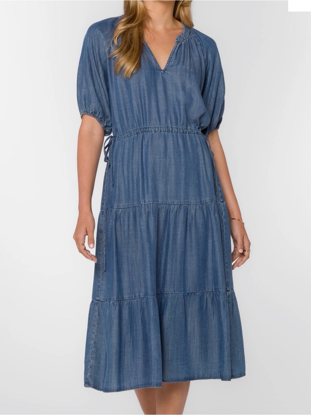 VELVET HEART Cassie Tiered Denim Tencel Midi Dress Size Small NWT